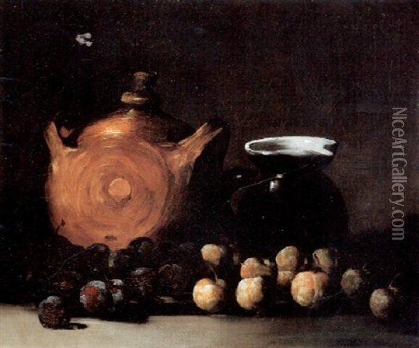 Plums And Pottery Oil Painting - Germain Theodore Ribot
