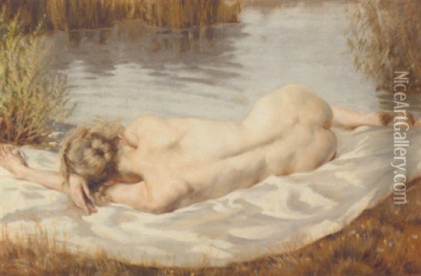 A Reclining Nude On The Banks Of A River Oil Painting - Peter von Hamme-Voitus