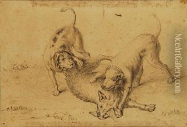 Perros Atacando A Un Lobo Oil Painting - Jean-Baptiste Oudry