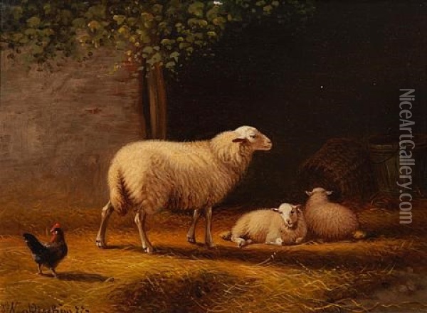 Ewe And Lambs Outside A Barn (+ Sheep And A Goat In A Landscape; Pair) Oil Painting - Jacob Van Dieghem