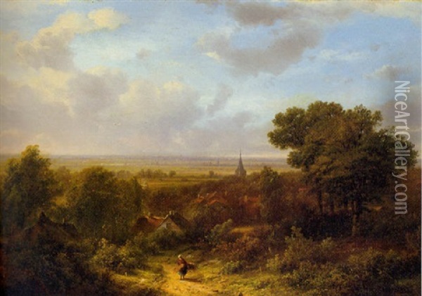 Summer Landscape With A Woodgatherer On A Sandy Track Oil Painting - Pieter Lodewijk Francisco Kluyver