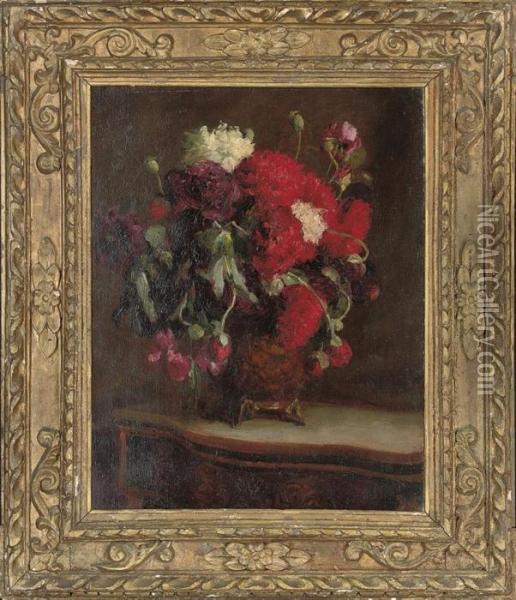 Chrysanthemums And Roses In A Vase, On A Table Oil Painting - Ignace Henri Jean Fantin-Latour