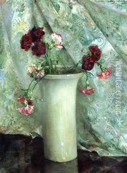 Carnations in a Satsuma Vase Oil Painting - Maria Oakey Dewing