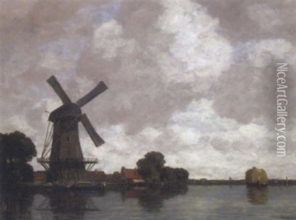 Hollandische Fluslandschaft Mit Windmuhle Oil Painting - Gilbert Von Canal