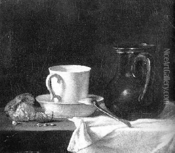 Still Life Of A Cup And A Saucer And A Pitcher On A Draped Table Oil Painting - Henri Horace Roland de la Porte