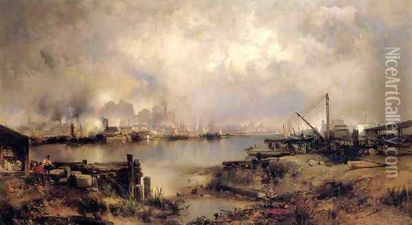 Lower Manhattan from Communipaw, New Jersey Oil Painting - Thomas Moran