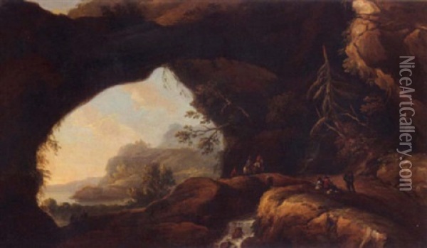 Travellers In A Rocky Landscape With A River And Mountains Beyond Oil Painting - Thomas Barker