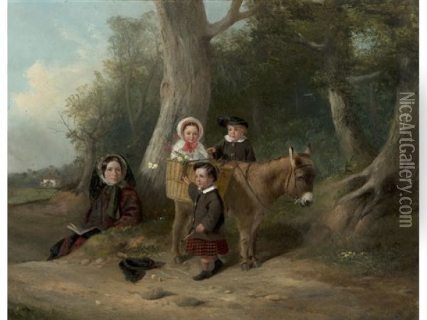 Portrait Of The Biddell Children Of Playford Together With Their Nursemaid And A Donkey Before Pogson's Farm, Playford (+ Their Nursemaid And A Donkey Before Pogson's Farm, Playford) Oil Painting - John Duvall