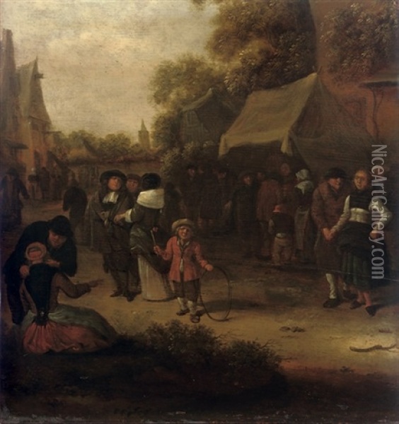 A Village Scene With Numerous Figures Oil Painting - Nicolaes Molenaer