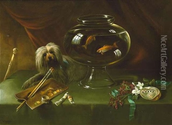 Stilleben Mit Goldfischglas, Hund Und Malerpalette. Am Rechten Bildrand Eine Lilie Und Eine Muschel Oil Painting - William Perring Hollyer