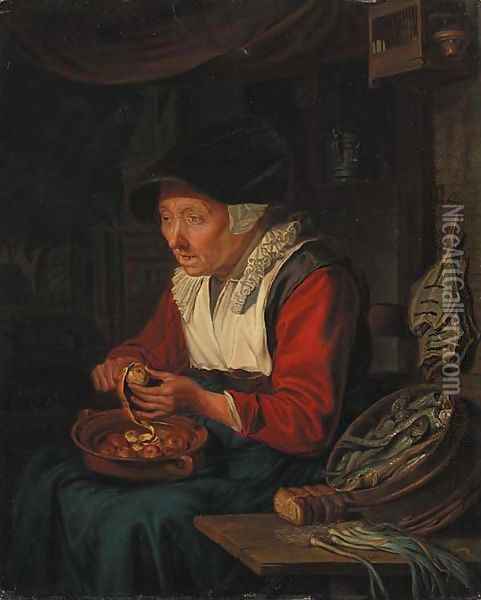 An old woman peeling apples by a table laden with onions Oil Painting - Josef Schierl