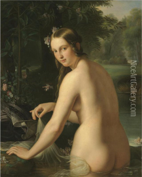 A Woman Bathing In A Pool, A Landscape Beyond Oil Painting - Giuseppe Bonolis