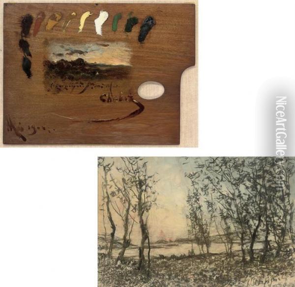 A Palette Depicting A Landscape At Dusk Oil Painting - Henri-Joseph Harpignies