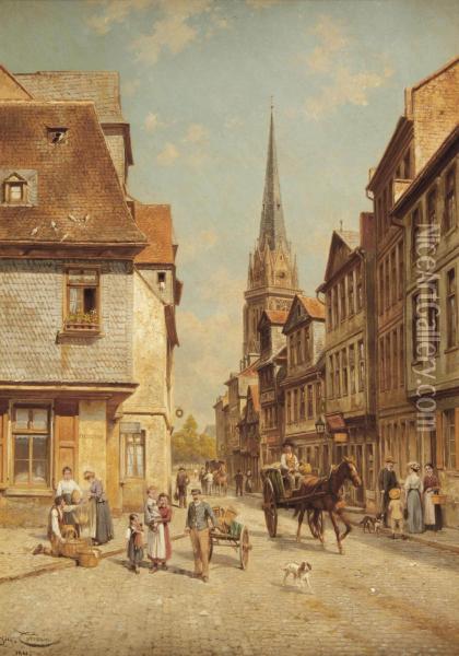 Townspeople In A Sunlit Street Oil Painting - Jacques Carabain
