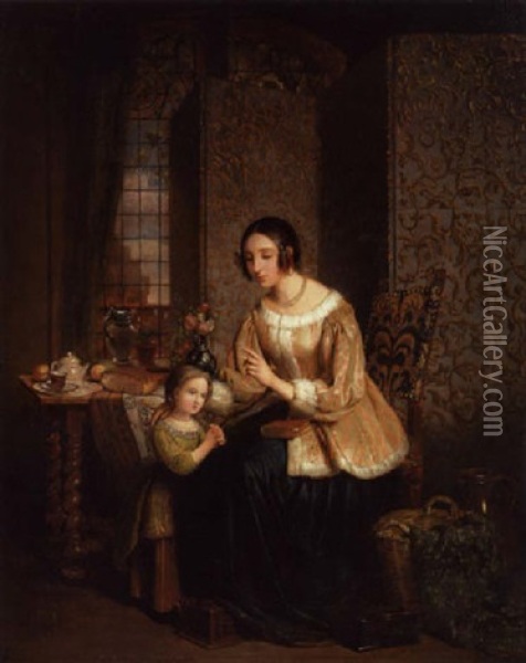 Interior Med Mor, Der Laerer Sin Lille Datter At Bede Aftenbon Oil Painting - David Emile Joseph de Noter