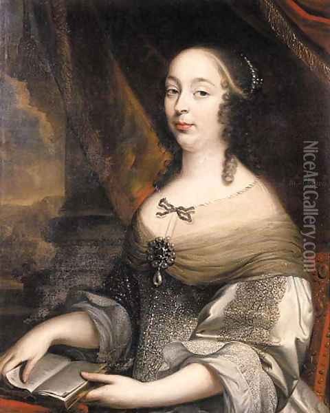 Portrait of a noblewoman said to be Charlotte de Louigny nee de Castelnau, seated half length on a terrace by a draped column, wearing a gold embroide Oil Painting - Mignard, Pierre II