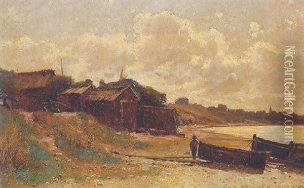 Garcon Avec Barque De Peche Sur La Plage Oil Painting - Gustave Eugene Castan