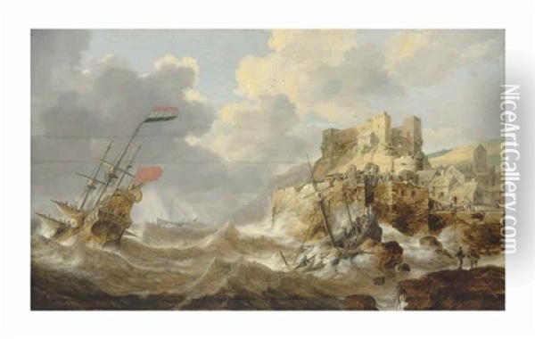 A Coastal Landscape With A Dutch Three-master In Distress And A Shipwreck By A Fortified Town Oil Painting - Bonaventura Peeters the Elder