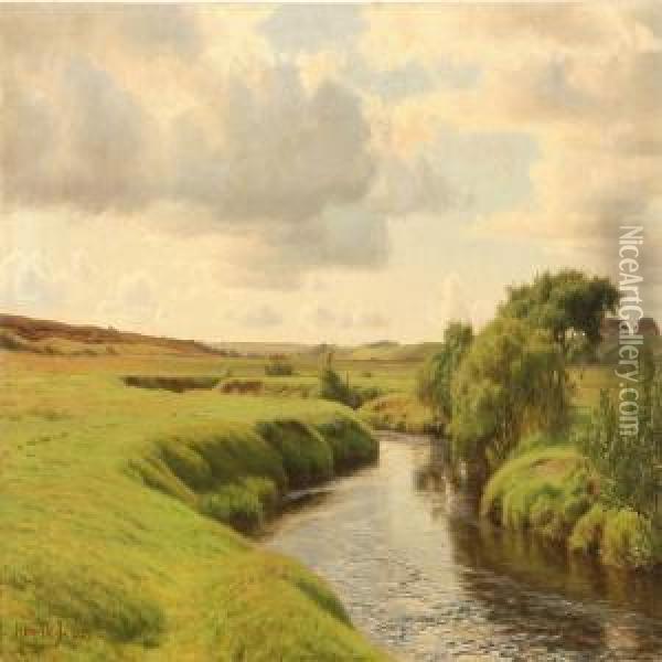 Danish Landscape From Karup Stream Oil Painting - Henrik Gamst Jespersen