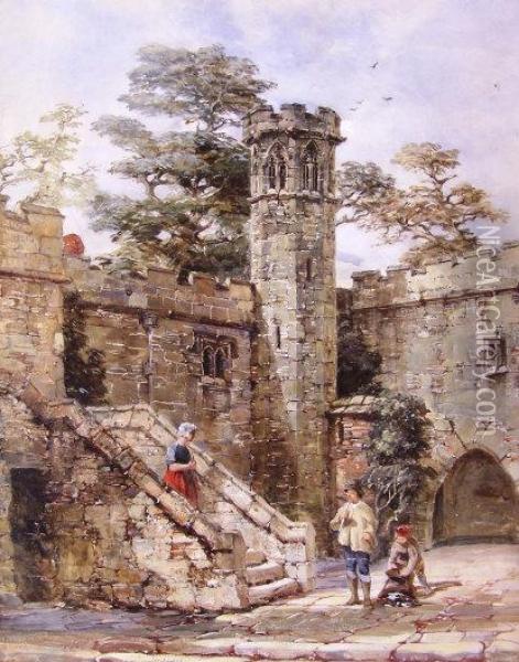 Castle Scene With Figures Oil Painting - Samuel A. Rayner