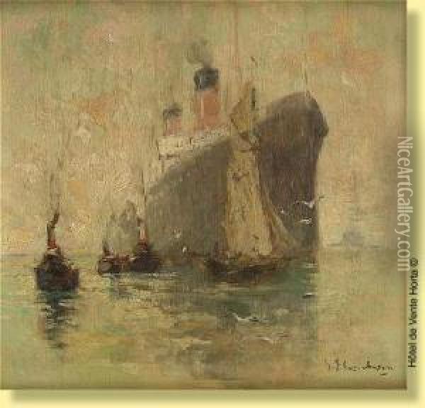 Remorqueur, Voilier Et Transatlantique Oil Painting - Gustave Flasschoen
