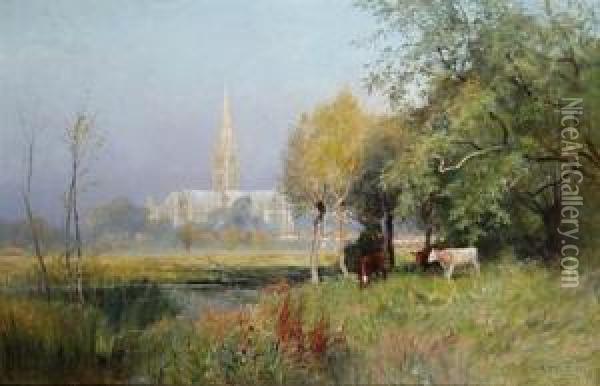 Cattle Grazing With Salisbury Cathedral In The Distance Oil Painting - Frederick William N. Whitehead