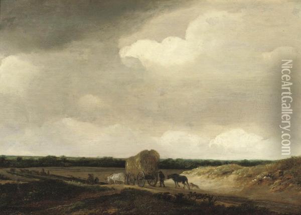 Du Bois A Dune Landscape With Peasants, Cattle And A Cart Of Hay On Apath Oil Painting - Guillam de Vos