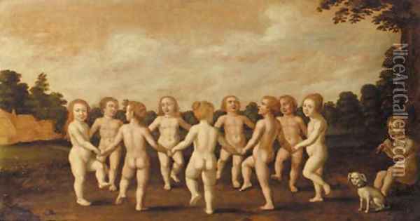 Putti dancing to the music of a shepherd boy in a wooded landscape Oil Painting - Dutch School