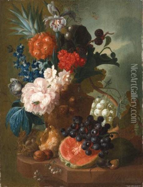 A Peony, An Iris, A Pineapple, 
Blackberries, Narcissi And Otherflowers In A Terracotta Vase, With A 
Bird's Nest, A Mouse, A Melon,grapes And Walnuts On A Ledge Oil Painting - Jan van Os