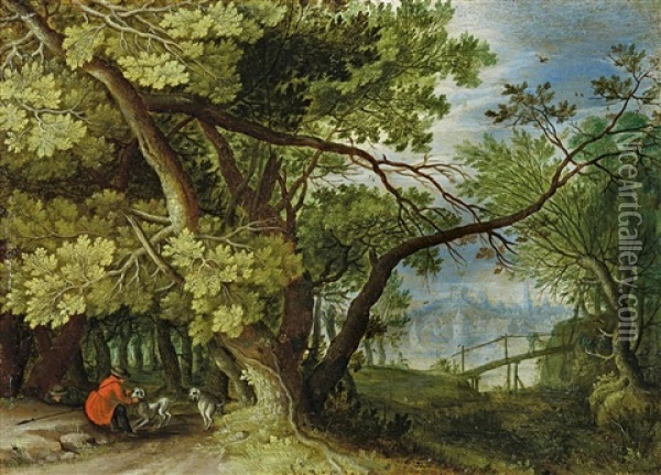 Waldlandschaft Mit Jager, Hunden Und Einem Durchblick Auf Eine Stadt Am Wasser Oil Painting - Jan Brueghel the Elder