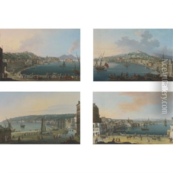 View Of Chiaia, Naples, Looking Towards Vesuvius (+3 Others; 4 Works) Oil Painting - Pietro Antoniani