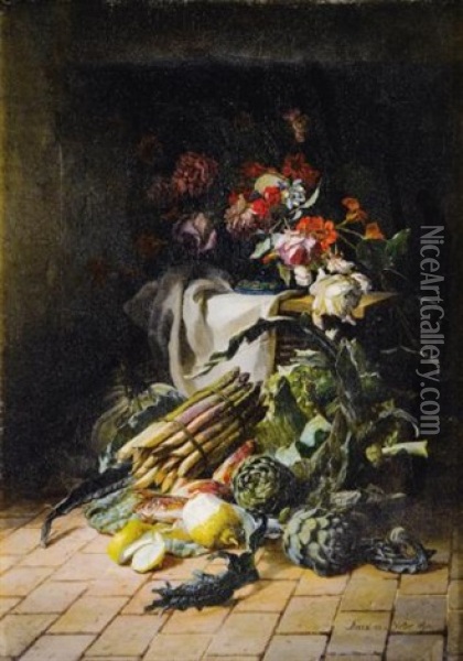 Nature Morte Aux Asperges Et Artichauts Oil Painting - David Emile Joseph de Noter
