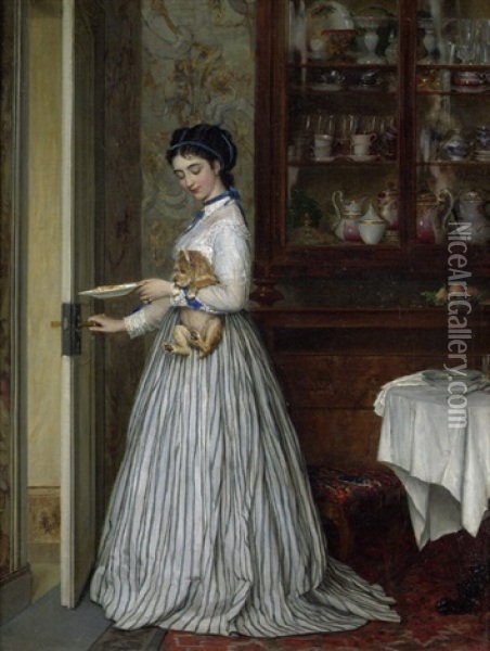 Interieur Mit Junger Frau Und Ihrem Hundchen Oil Painting - Albert Rosenboom