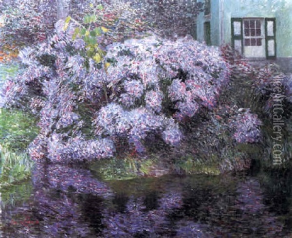 Hydrangeas On The Banks Of The River Lys Oil Painting - Emile Claus