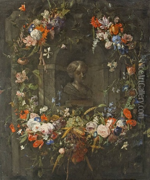 Blumenumkranzte Bildnisnische Oil Painting - Jan van den Hecke the Elder