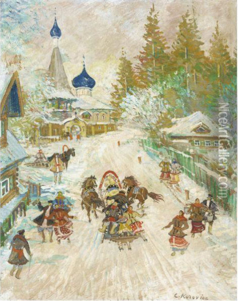 Troika Racing Through A Russian Village Oil Painting - Konstantin Alexeievitch Korovin