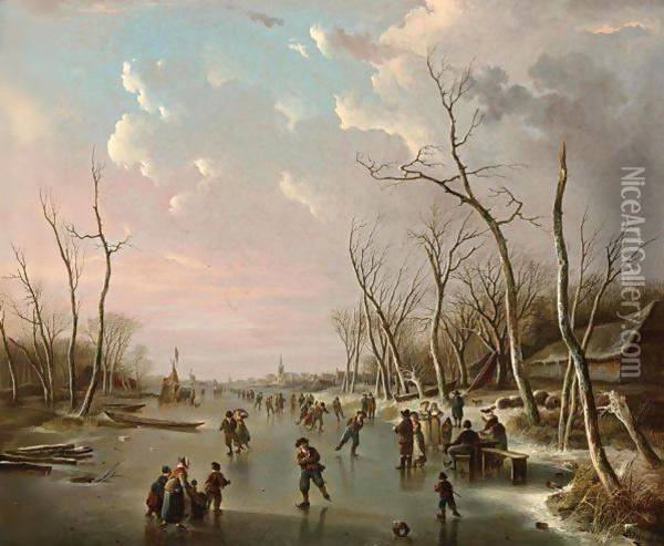 An Extensive Winter Landscape With Skaters On A Frozen River, A View Of A Town Beyond Oil Painting - Andries Vermeulen