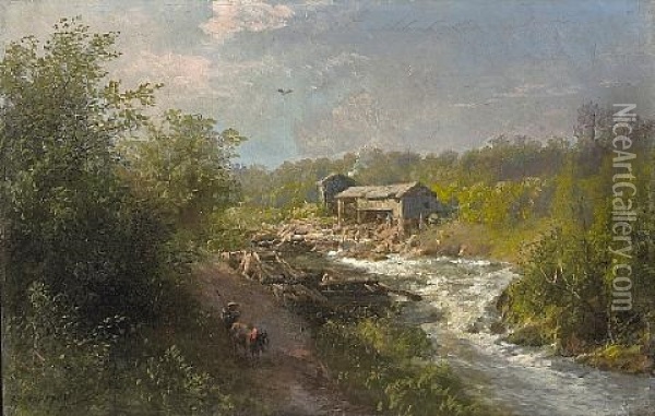 Mill By A Mountain Stream (the Sierras?) Oil Painting - Hermann Herzog