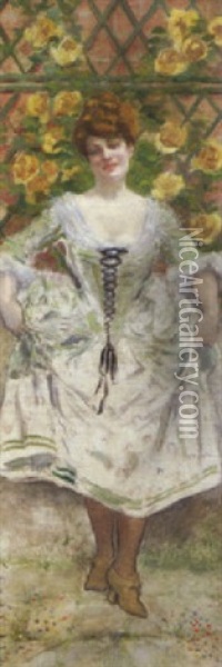 Jeune Femme Au Treillis De Roses Jaunes Oil Painting - Adolphe Leon Willette