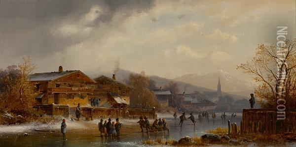 Figures Skating On A Frozen Stream By A Village Oil Painting - Anton Doll