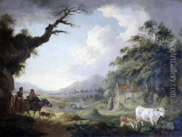 Haymakers And Cattle In A Landscape Oil Painting - Julius Caesar Ibbetson