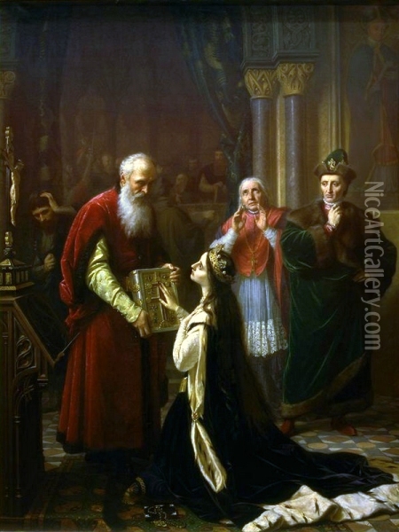 Queen Jadwiga's oath Oil Painting - Jozef Simmler