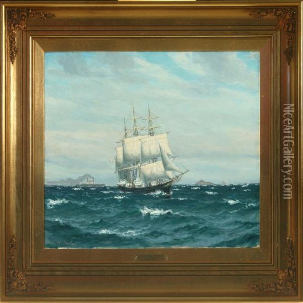 Seascapewith Sailing Ships And Ferry Off Sprogo Oil Painting - Christian Benjamin Olsen