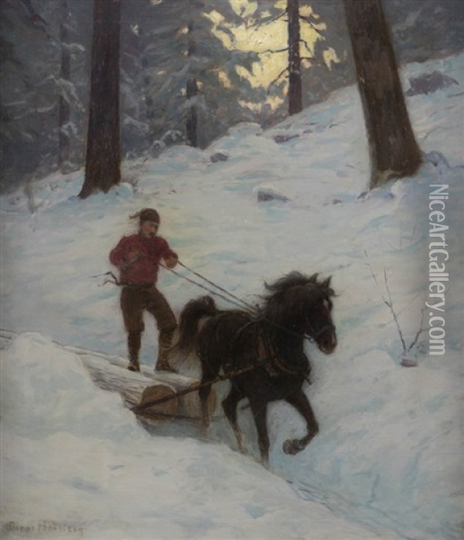 Woodsman Hauling Logs Behind A Horse Oil Painting - Lovell Birge Harrison