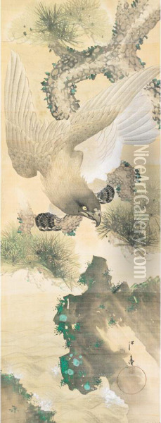 Hawk And Pine Oil Painting - Fukui Kotei