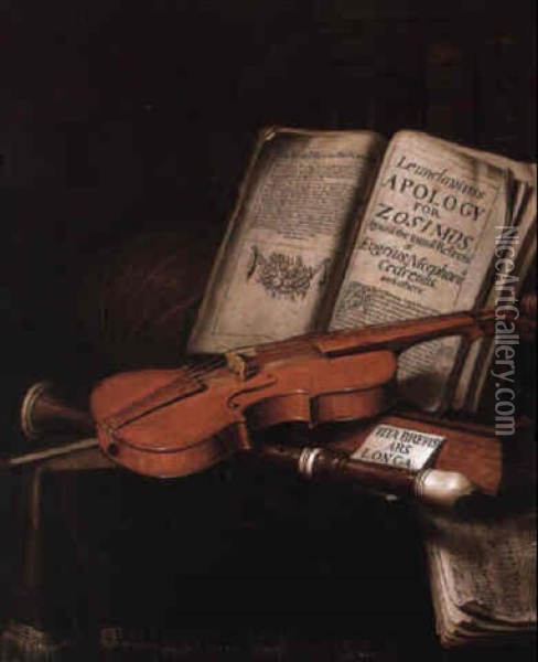 Still Life With A Violin, A Recorder, A Lute, Books And Music Oil Painting - Edward Collier