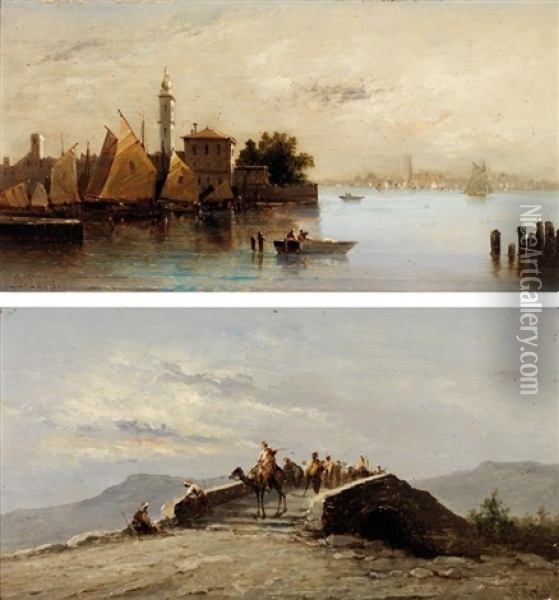 Caravane Sur Un Pont, Port D'orient (2 Works) Oil Painting - Alphonse Jacques (Said) Levy