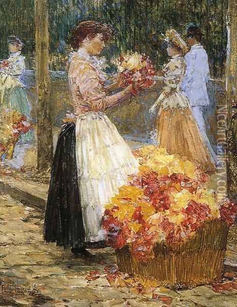 Woman Sellillng Flowers Oil Painting - Childe Hassam