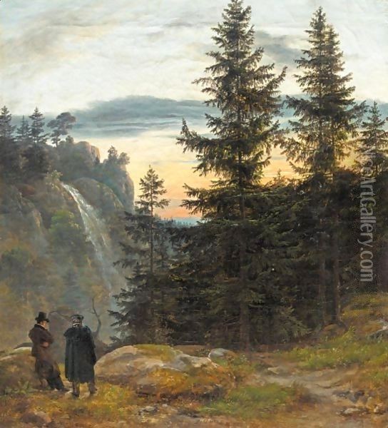 Utsikt Med Foss (View Over A Mountain Gorge With Waterfall) Oil Painting - Johan Christian Clausen Dahl