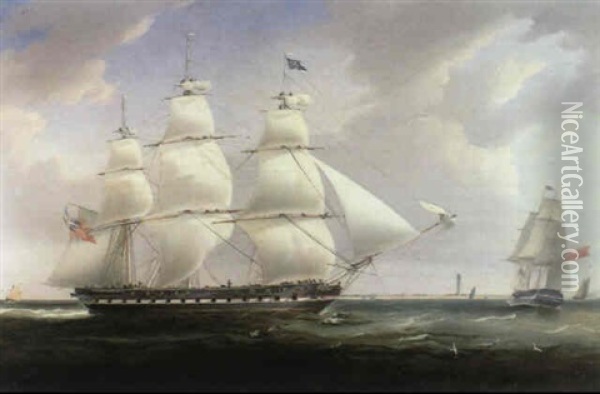 A Ship In Two Positions Off A Lighthouse Oil Painting - William John Huggins